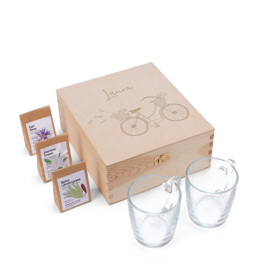 Frank about tea - Engraved wooden tea box with 2 glasses & 3 types of tea