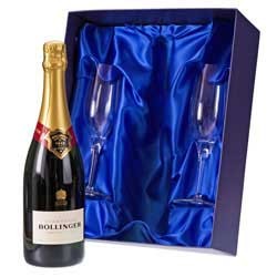 Bollinger Champagne Gift Set with Engraved Flutes in Blue Box